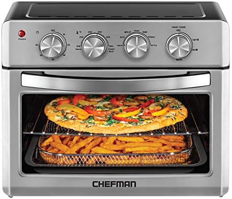  Chefman Air Fryer Toaster Oven, 6 Slice, 26 QT Convection AirFryer W/ Auto Shut-Off, 60 Min Timer; Roast, Bake, Fry Oil-Free, Nonstick Interior, Accessories & Cookbook Included, Stainless Steel/Black