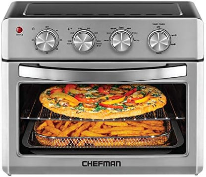  Chefman Air Fryer Toaster Oven, 6 Slice, 26 QT Convection AirFryer W/ Auto Shut-Off, 60 Min Timer; Roast, Bake, Fry Oil-Free, Nonstick Interior, Accessories & Cookbook Included, Stainless Steel/Black