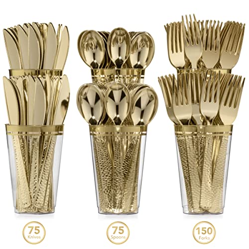  Erfect Settings 300 Pieces Gold Plastic Cutlery Set - Gold Metallic Plastic Silverware With A Hammered Finish - Tableware Set (75 Plastic Spoons, 75 Plastic Knives, 150 Plastic Forks)