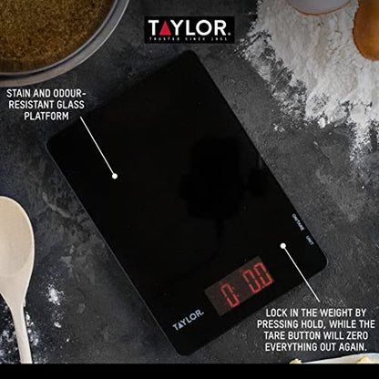 Taylor Pro Digital Ultra Thin Kitchen Food Scales, Compact Slimline Professional Standard With Tare Feature And Precision Accuracy, Black Glass, Weighs 5 Kg Capacity