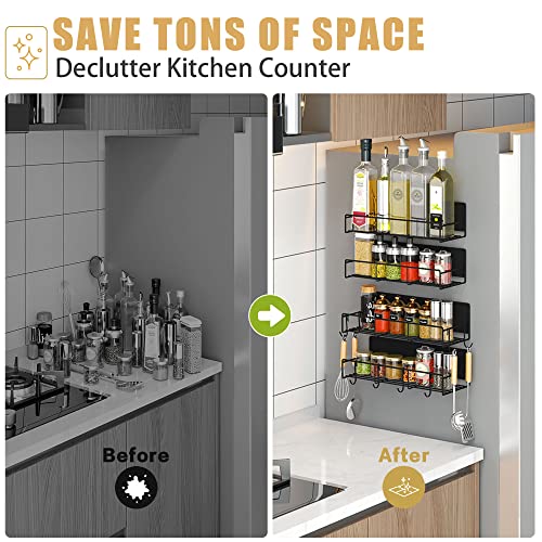  Lunememo Magnetic Spice Rack For Refrigerator, 4 Pack Magnetic Fridge Shelf With 8 Hooks, Strong Magnet & No Drilling, Black