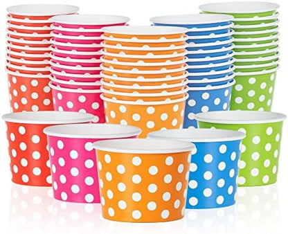  Paper Ice Cream Cups - 50-Count 4-Oz Disposable Dessert Bowls For Hot Or Cold Food, 4-Ounce Party Supplies Treat Cups For Sundae, Frozen Yogurt, Soup, 5 Colors, Polka Dots
