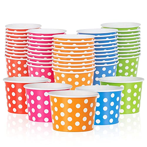  Paper Ice Cream Cups - 50-Count 4-Oz Disposable Dessert Bowls For Hot Or Cold Food, 4-Ounce Party Supplies Treat Cups For Sundae, Frozen Yogurt, Soup, 5 Colors, Polka Dots