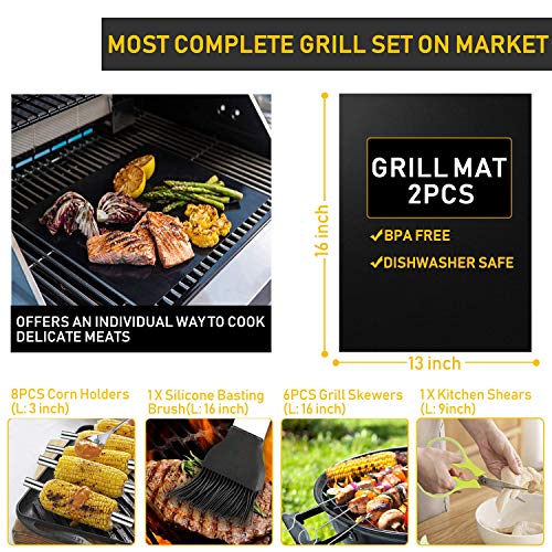  34Pcs Grill Accessories Grilling Gifts For Men, 16 Inches Heavy Duty BBQ Accessories, Stainless Steel Grill Tools With Thermometer, Grill Mats For Backyard, BBQ Gifts Set For Men Women