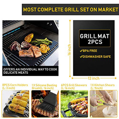  34Pcs Grill Accessories Grilling Gifts For Men, 16 Inches Heavy Duty BBQ Accessories, Stainless Steel Grill Tools With Thermometer, Grill Mats For Backyard, BBQ Gifts Set For Men Women