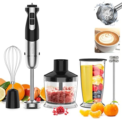  5-In-1 Immersion Blender 800W 12-Speed Stainless Steel Hand Blender With Milk Frother, Egg Whisk, BPA-Free 500ml Chopper And 700ml Beaker With Lid For Soup, Smoothie, Baby Food