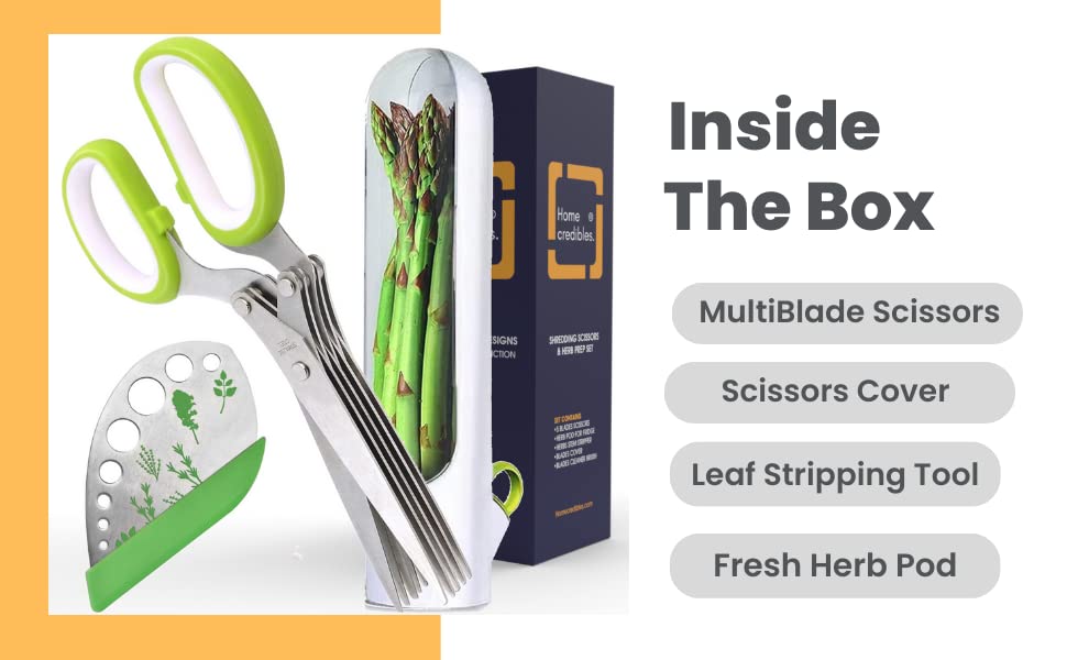  Erb Scissors With 5 Blades And Cover - 2023 Updated Sharp Multi-Blade Stainless Steel Herb Shears For Kitchen; Kale And Herb Stripper With Herb Savor Pod Fringe Scissors By HOMECREDIBLES