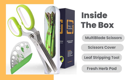  Erb Scissors With 5 Blades And Cover - 2023 Updated Sharp Multi-Blade Stainless Steel Herb Shears For Kitchen; Kale And Herb Stripper With Herb Savor Pod Fringe Scissors By HOMECREDIBLES