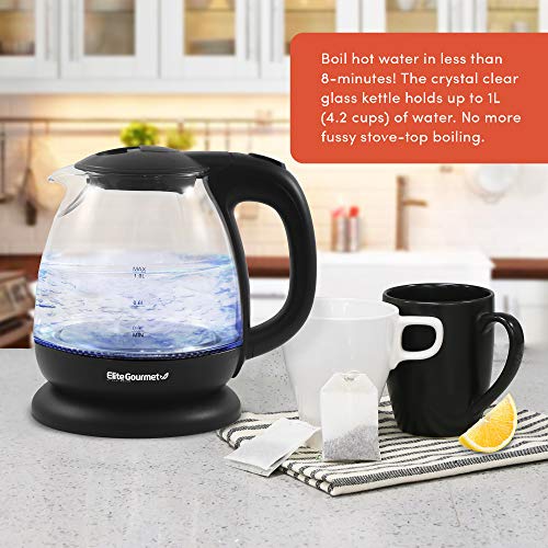  KT1001 Maxi-Matic 1L Glass Electric Tea Kettle Hot Water Heater Boiler BPA-Free With Blue LED Interior Fast Boil And Auto Shut-Off, Black