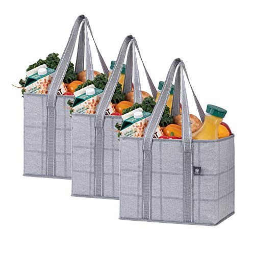  VENO 3 Pack Reusable Grocery Bag, Shopping Cart Bag, Storage Box, Heavy Duty, Hard Bottom, Collapsible, Utility Tote, Trunk Organizer (Black/Windowpane, Set Of 3)