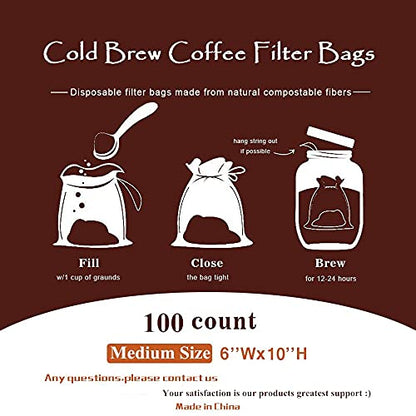  Isposable Cold Brew Coffee Filters - 100 Count Single Use Filter Sock Packs Durable Fine Mesh Brewing Bags For Concentrate, Iced Coffee Maker, French/Cold Press Kit, Tea In Mason Jar, 6'' X 10''