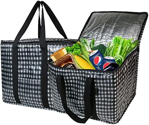 BeeGreen 2 Packs Black Insulated Grocery Bags Collapsible Shopping Cooler Thermal Tote With Zipper For Hot Cold Frozen Food Transport X-Large 60LBS Reusable Durable Long Handles Stands Upright