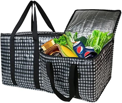  BeeGreen 2 Packs Black Insulated Grocery Bags Collapsible Shopping Cooler Thermal Tote With Zipper For Hot Cold Frozen Food Transport X-Large 60LBS Reusable Durable Long Handles Stands Upright