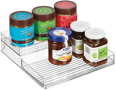  MDesign Plastic Kitchen Food Storage Organizer Shelves, Spice Rack Holder For Cabinet, Cupboard, Countertop, Pantry - Holds Jars, Baking Supplies, Canned Food - 2 Levels - Clear
