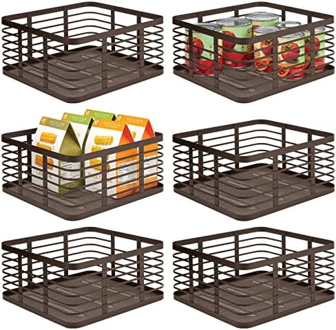  Steel Metal Wire Kitchen Food Storage Organizer Bin Basket For Pantry Organization - Wired Farmhouse Basket With Handle For Shelves - Carson Collection - 6 Pack, Matte Black