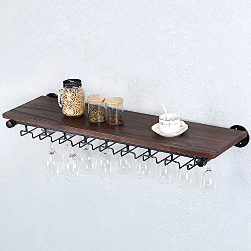  Industrial Pipe Shelving Hanging Stemware Racks,Rustic Wall Mounted Wine Rack With 8 Glass Holder,Steampunk Iron Floating Bar Shelves Stemware Holder,36in Metal Real Wood Shelf Wall Shelf