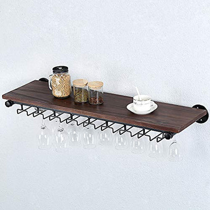  Industrial Pipe Shelving Hanging Stemware Racks,Rustic Wall Mounted Wine Rack With 8 Glass Holder,Steampunk Iron Floating Bar Shelves Stemware Holder,36in Metal Real Wood Shelf Wall Shelf