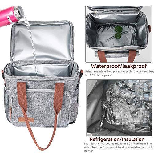  Dult Lunch Box For Work, Expandable Large Lunch Bags For Women Men, Leakproof Double Deck Lunch Box Cooler Tote Bag With Removable Shoulder Strap (Grey)