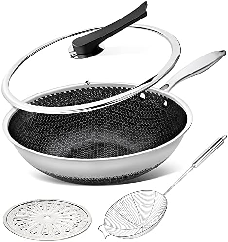  Wok Pan With Lid, 12.5 Inch Stainless Steel Woks & Stir-fry Pans With Stay Cool Handle, Flat Bottom Wok With Vertical Lid, Induction Wok, Dishwasher And Oven Safe