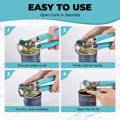  Can Opener Manual, Heavy Duty Handheld Can Opener With Stainless Steel Sharp Blade, Hand Can Opener With Ergonomic Hand Grip And Larger Turning Knob, Built In Bottle Opener(Blue)