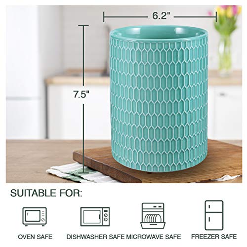  Kitchen Utensil Holder, Ceramic Utensil Crock Large Utensil Holder For Countertop, Relief Design Cooking Utensil Organizer For Kitchen Wedding/Birthday/Housewarming Gift, Turquoise Color