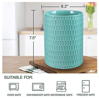  Kitchen Utensil Holder, Ceramic Utensil Crock Large Utensil Holder For Countertop, Relief Design Cooking Utensil Organizer For Kitchen Wedding/Birthday/Housewarming Gift, Turquoise Color