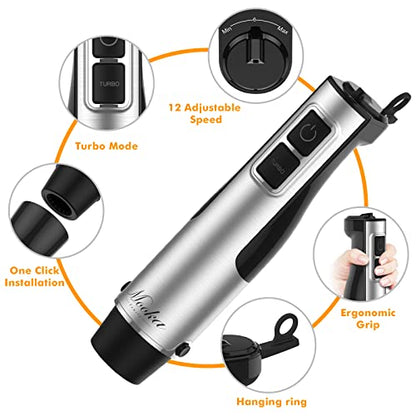  Mmersion Blender Handheld, 1100W 5-in-1 Multi-Purpose Hand Blender, 12-Speed Stick Blender, 600ml Beaker, 500ml Chopper, Egg Whisk, Milk Frother, Black