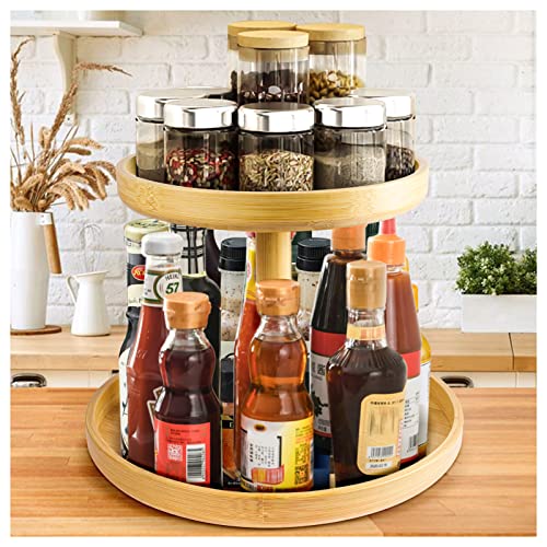  2 Tier Bamboo Lazy Susan Organizer For Kitchen,Turntable For Cabinet,Turntable Organizer For Cabinet Pantry Table Organization