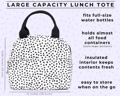  Teel Mill & Co Insulated Lunch Tote Bag For Women, Large Capacity Cooler Lunch Box, Cute Lunch Bag For Adults, Mini Cooler With Zipper Closure, Pockets, And Sturdy Handles (Black Dots)