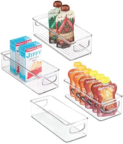  MDesign Plastic Stackable Kitchen Organizer - Storage Bin With Handles For Refrigerator, Freezer, Cabinet, And Pantry Shelves Organization - Food Container - Ligne Collection - 4 Pack - White