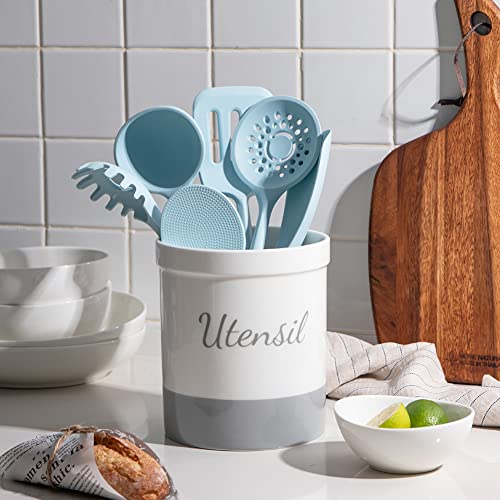  Kitchen Utensil Holder, 7.2" Ceramic Utensil Crock For Cooking Countertop, Housewarming, Wedding, Birthday Gift (Gray)