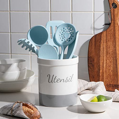  Kitchen Utensil Holder, 7.2" Ceramic Utensil Crock For Cooking Countertop, Housewarming, Wedding, Birthday Gift (Gray)