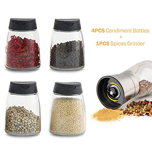  4+1PCS Glass Spice Jars With Shaker Pour Lid, Seasoning Shakers Glass Bottles Spice Shakers Salt & Pepper Shaker Container Set With Gift Grinder Fits In Home,Kitchen,Barbecue (4)