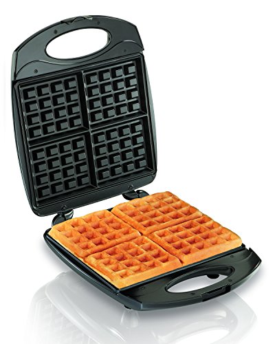 Hamilton Beach 4-Slice Non-Stick Belgian Waffle Maker With Indicator Lights, Compact Design, Black (26020) & Beach Electric Indoor Grill, 6-Serving, Nonstick Easy Clean Plates, Silver (25371)