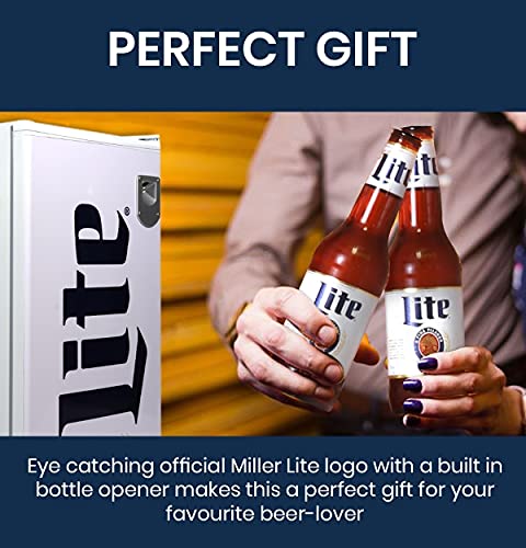  Miller Lite Compact Fridge W/ Bottle Opener, 3.2 Cu Ft (90L), White, Space-Saving Flat Back Design, Reversible Door, Tempered Glass Shelves, Licensed Miller Lite Artwork, Perfect For Beer-Lovers