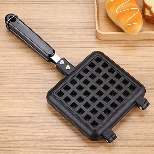  Waffle Baking Mold Pan, Non-Stick Waffle Maker Pan Mould Press Plate Cooking Baking Tool, Insulated Handle Press The Double-Side Plate, For Fuel Gas Stove (Black_Aluminum + Aluminum Alloy)