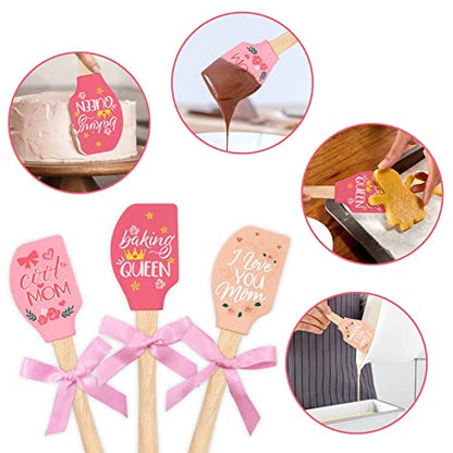  Mother's Day Baking Gift Silicone Spatula Mother 3PCS Kitchen Utensil Idea I Love You Mom For Grandma Wife Heat Resistant Home Mixing Food Grade With Pink Ribbon Bow Housewarming Cookware