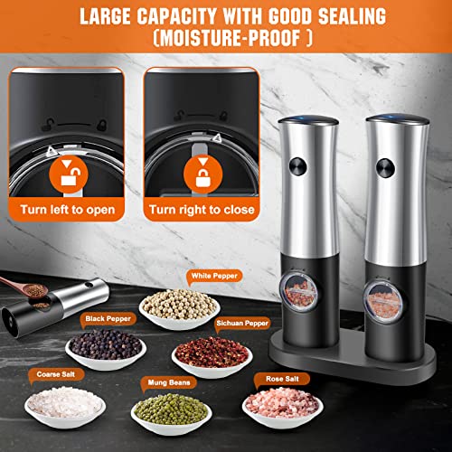  Electric Salt And Pepper Grinder Set, Automatic Salt & Pepper Mill Refillable With USB Rechargeable Base, 5 Adjustable Coarseness One Hand Operation, LED Light
