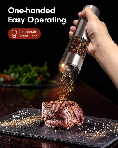  [Upgraded Larger Capacity] Electric Salt And Pepper Grinder Set Rechargeable With LED Lights - Stainless Steel Automatic Pepper Grinder And Salt Grinder Refillable With 6 Adjustable Coarseness