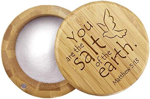 Salt Cellar Bamboo Storage Box With Magnetic Swivel Lid, 6 Ounce Capacity, You Are The Salt Of The Earth Matthew 5:13 Engraved On Lid