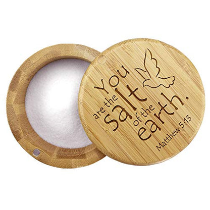  Salt Cellar Bamboo Storage Box With Magnetic Swivel Lid, 6 Ounce Capacity, You Are The Salt Of The Earth Matthew 5:13 Engraved On Lid