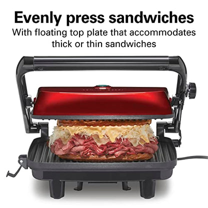 Hamilton Beach Electric Panini Press Grill With Locking Lid, Opens 180 Degrees For Any Sandwich Thickness, Nonstick 8" X 10" Grids, Red (25462Z)