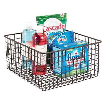  MDesign Farmhouse Decor Metal Wire Food Organizer Storage Bin Baskets With Handles For Kitchen Cabinets, Pantry, Bathroom, Laundry Room, Closets, Garage - 2 Pack - Bronze
