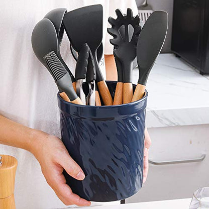  Kitchen Utensil Holder, Large Ceramic Utensil Crock, Deep And Stable, Utensils Caddy Texture Series (Dark Blue)