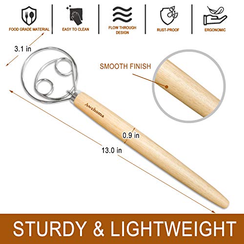  Danish Dough Whisk Large Hand Mixer - 2 Pack Large 13” Stainless Steel Wooden Danish Whisk With 2 Dough Scraper - Dutch Style Artisan Blender For Bread, Batter, Cake, Pastry - Gift For Bakers