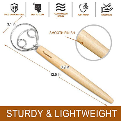  Danish Dough Whisk Large Hand Mixer - 2 Pack Large 13” Stainless Steel Wooden Danish Whisk With 2 Dough Scraper - Dutch Style Artisan Blender For Bread, Batter, Cake, Pastry - Gift For Bakers