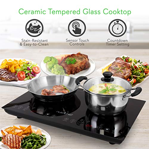  Dual 120V Electric Induction Cooker - 1800w Portable Digital Ceramic Countertop Double Burner Cooktop W/ Kids Safety Lock - Works W/ Stainless Steel Pan / Magnetic Cookware - NutriChef AZPKSTIND48
