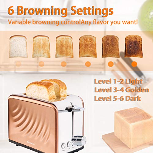  Toaster 2 Slice, Rose Gold Stainless Steel Retro Toaster With Defrost Bagel Cancel Function & 6 Shade Settings