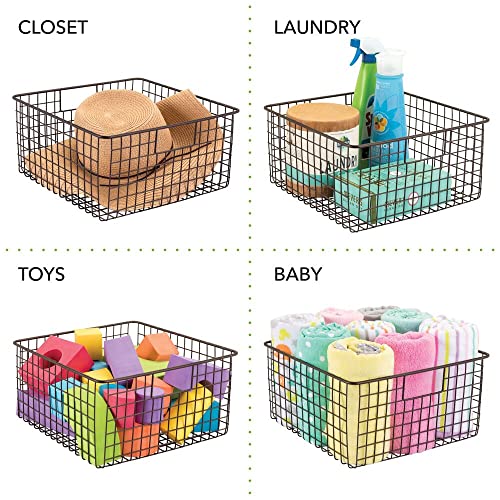  MDesign Farmhouse Decor Metal Wire Food Organizer Storage Bin Baskets With Handles For Kitchen Cabinets, Pantry, Bathroom, Laundry Room, Closets, Garage - 2 Pack - Bronze