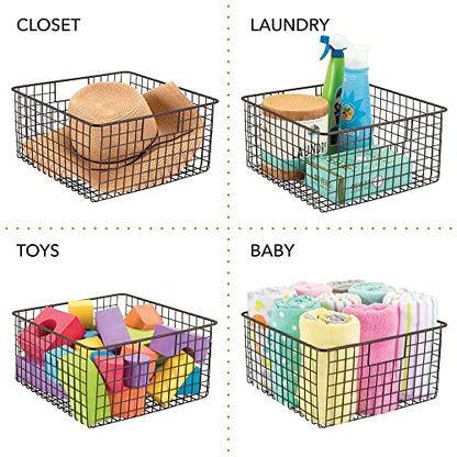  MDesign Farmhouse Decor Metal Wire Food Organizer Storage Bin Baskets With Handles For Kitchen Cabinets, Pantry, Bathroom, Laundry Room, Closets, Garage - 2 Pack - Bronze